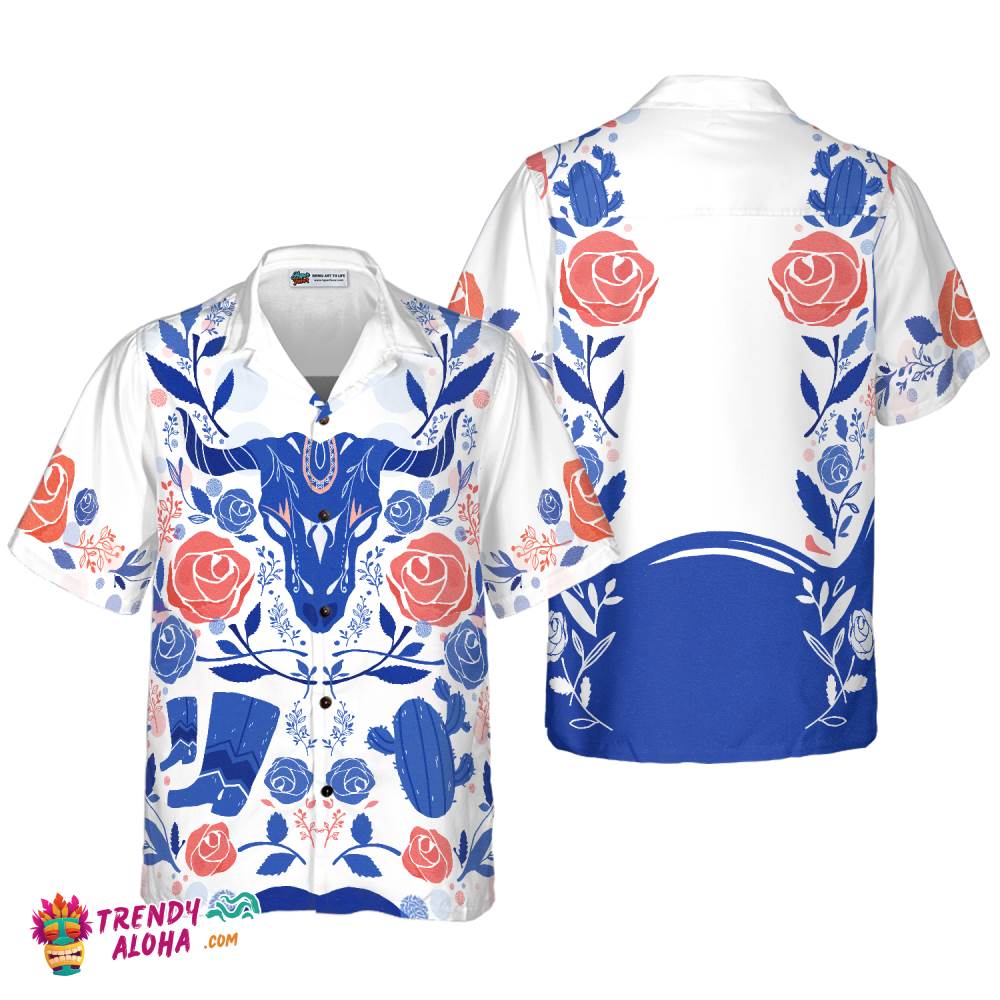 Artistic Longhorn Skull Texas Hawaiian Shirt For Men, White Blue Shirt Shirt For Texans, Texas Lovers Artistic Longhorn Skull Texas Hawaiian Shirt For Men, White Blue Shirt Shirt For Texans, Texas Lovers