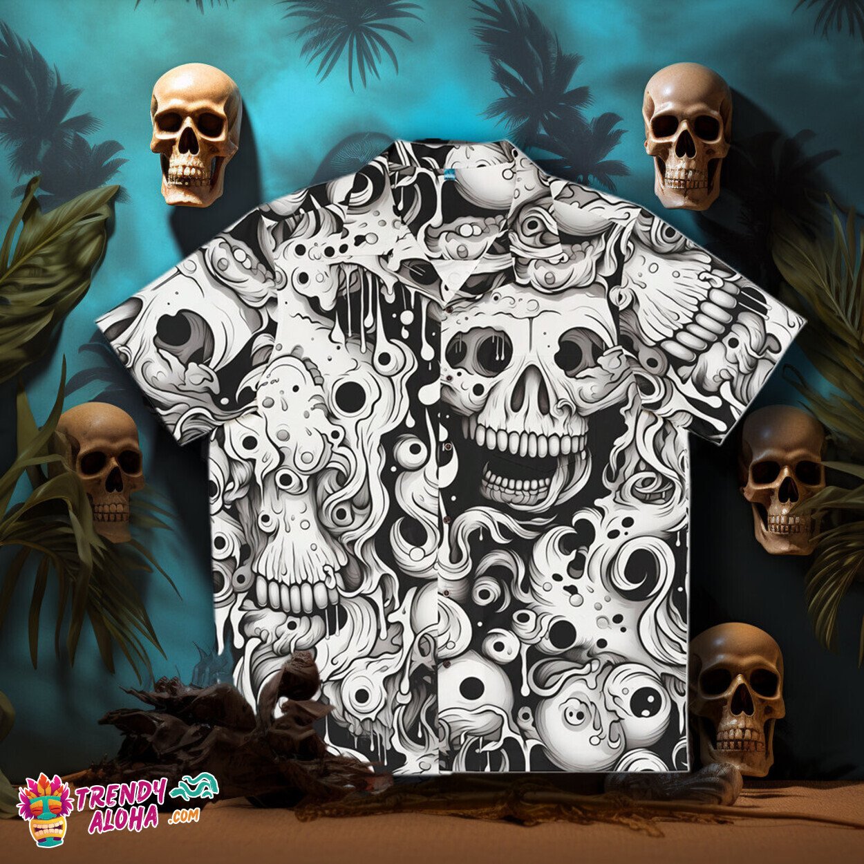 Artistic Melting Skull Black and White Edgy Hawaiian Shirt Design