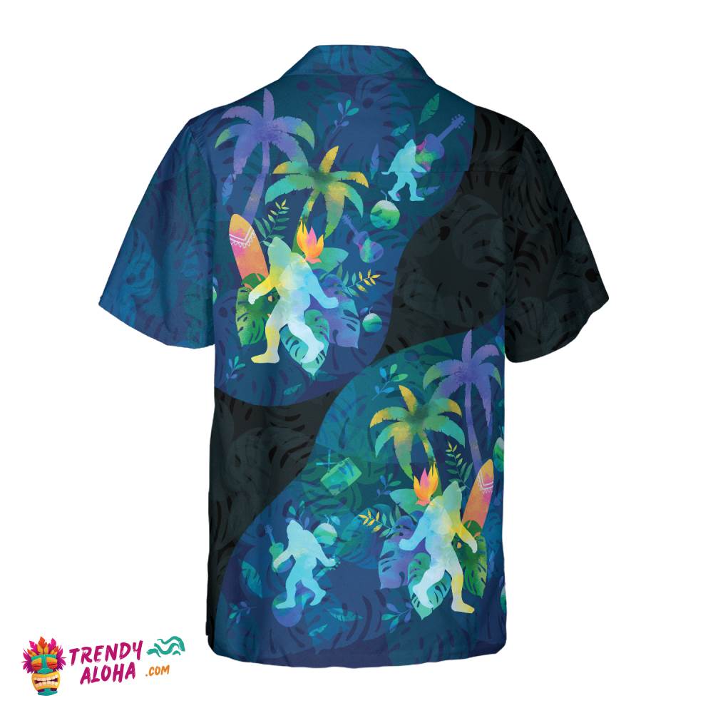 Artistic Summer Bigfoot Hawaiian Shirts For Men, Black And Blue Sasquatch Shirts