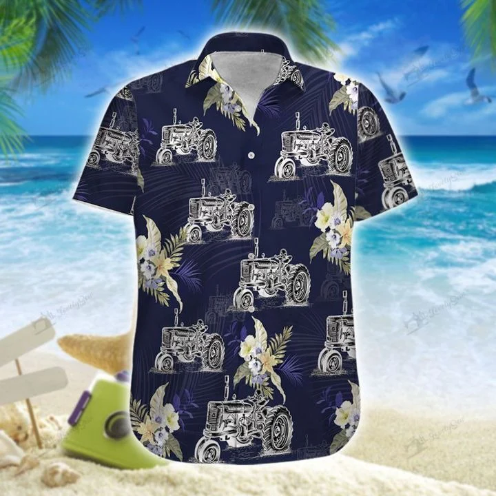 Artistic White Tractor Drawing 3D Hawaiian Shirt Unique Print