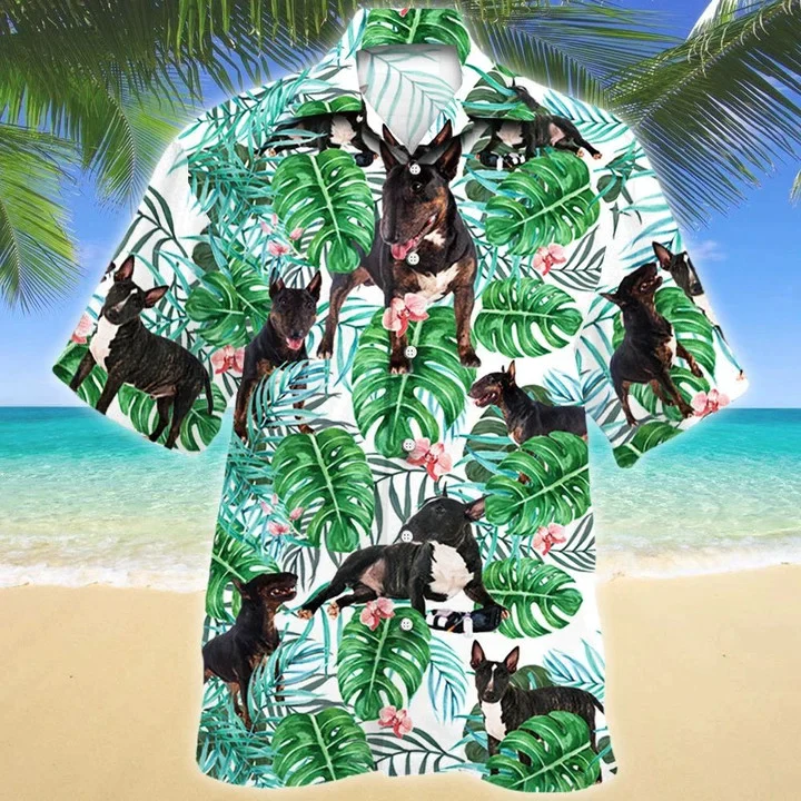 Astute Animal Miniature Bull Terrier Dog Tropical Plant Green Theme Trendy Hawaiian Shirt Astute Animal Miniature Bull Terrier Dog Tropical Plant Green Theme Trendy Hawaiian Shirt