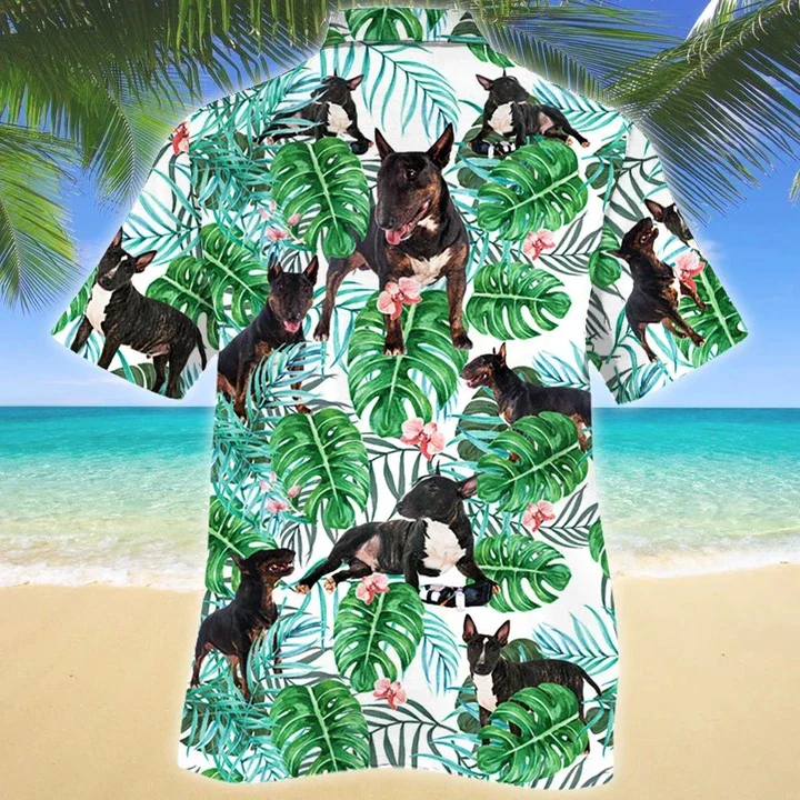 Astute Animal Miniature Bull Terrier Dog Tropical Plant Green Theme Trendy Hawaiian Shirt