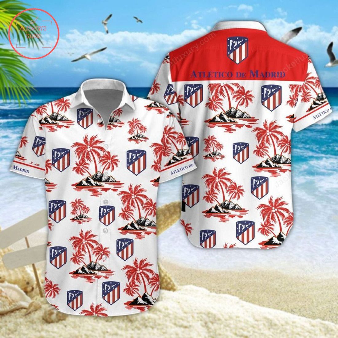 Atletico Madrid White Red Hawaiian Shirt
