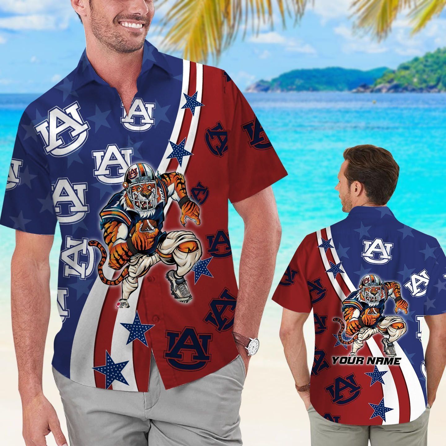 Auburn Tigers American Flag Tropical Hawaiian Shirt witCustom Name