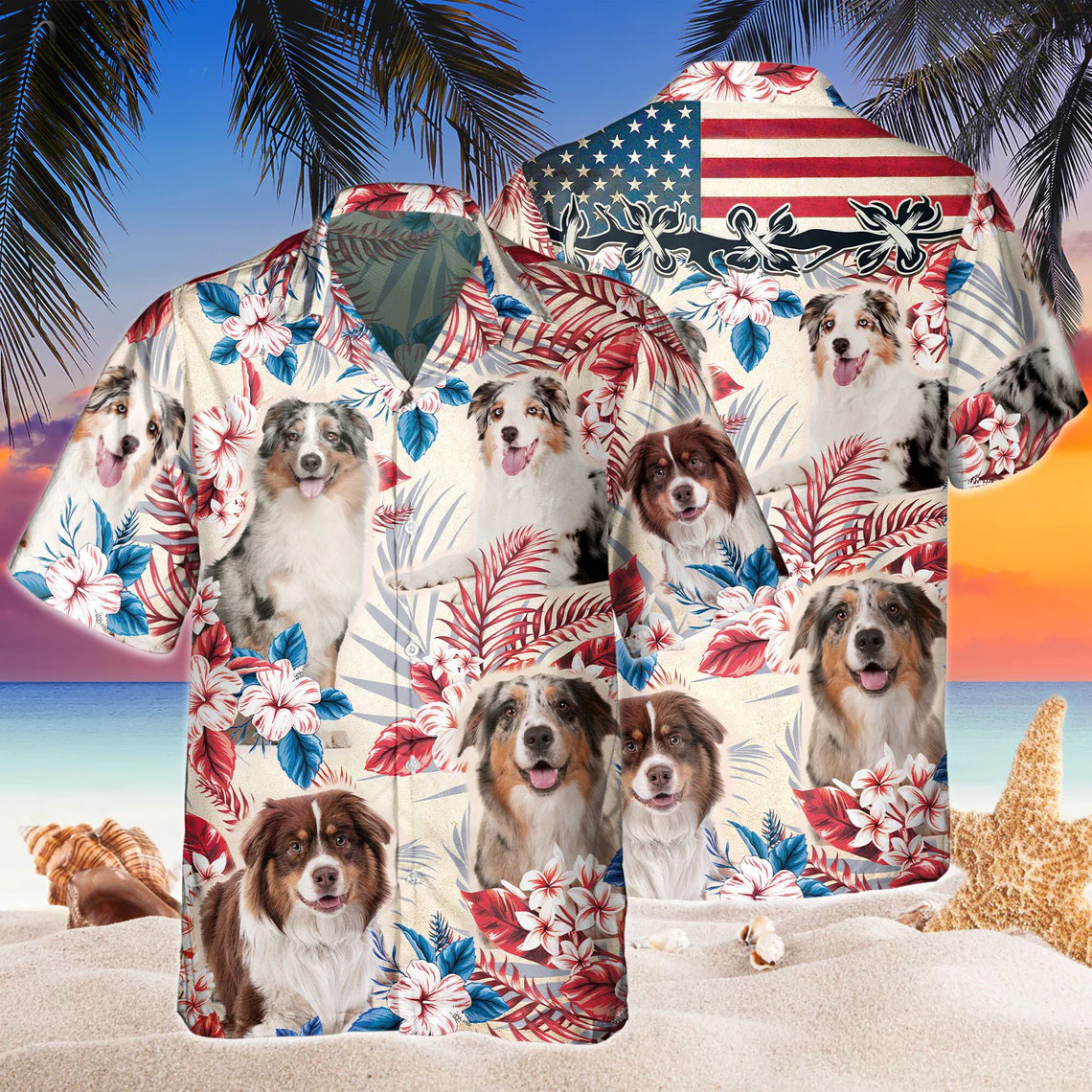 Australian Shepherd Dog United States Flag Hawaiian Flowers All Over Printed 3D Hawaiian Shirt Australian Shepherd Dog United States Flag Hawaiian Flowers All Over Printed 3D Hawaiian Shirt