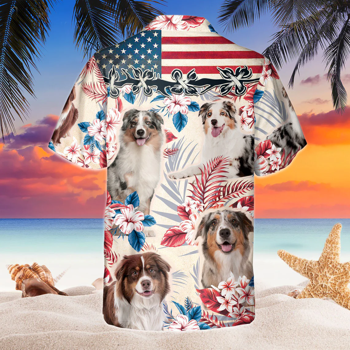 Australian Shepherd Dog United States Flag Hawaiian Flowers All Over Printed 3D Hawaiian Shirt