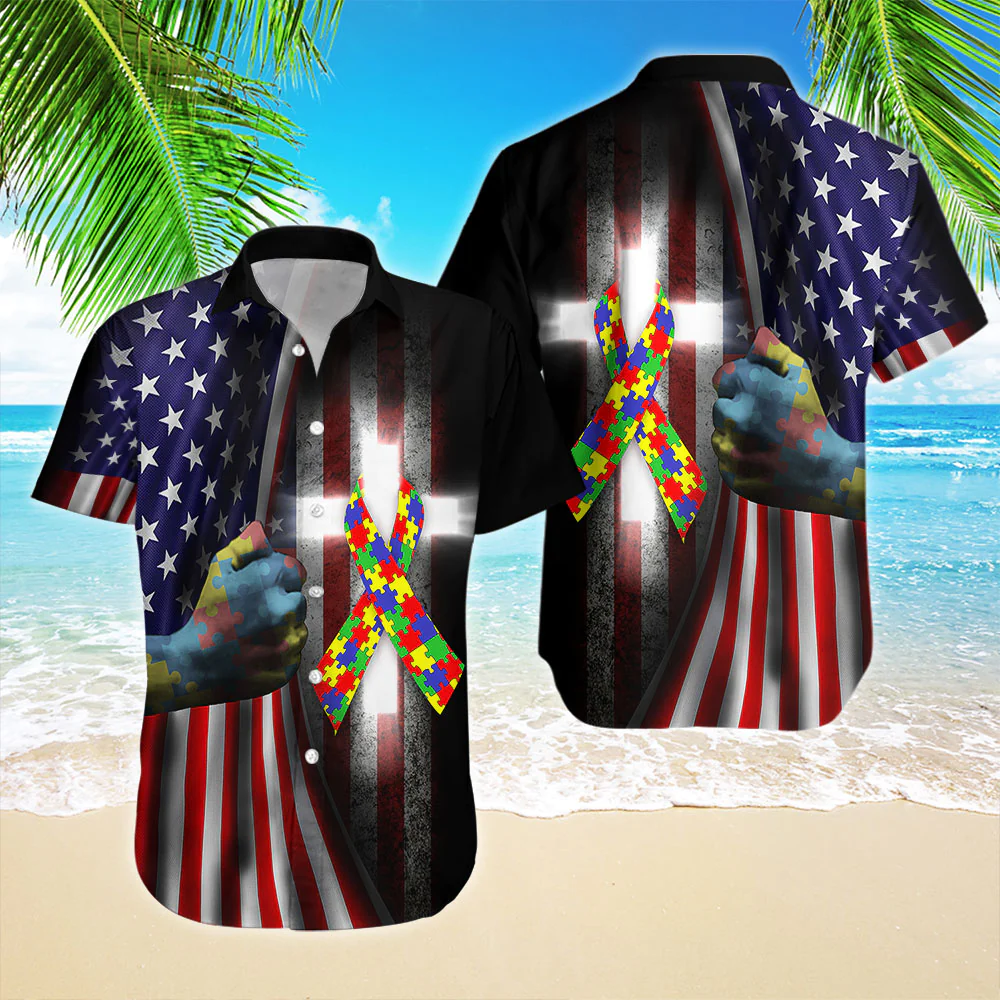 Autism Cross American Flag Trendy Hawaiian Shirt