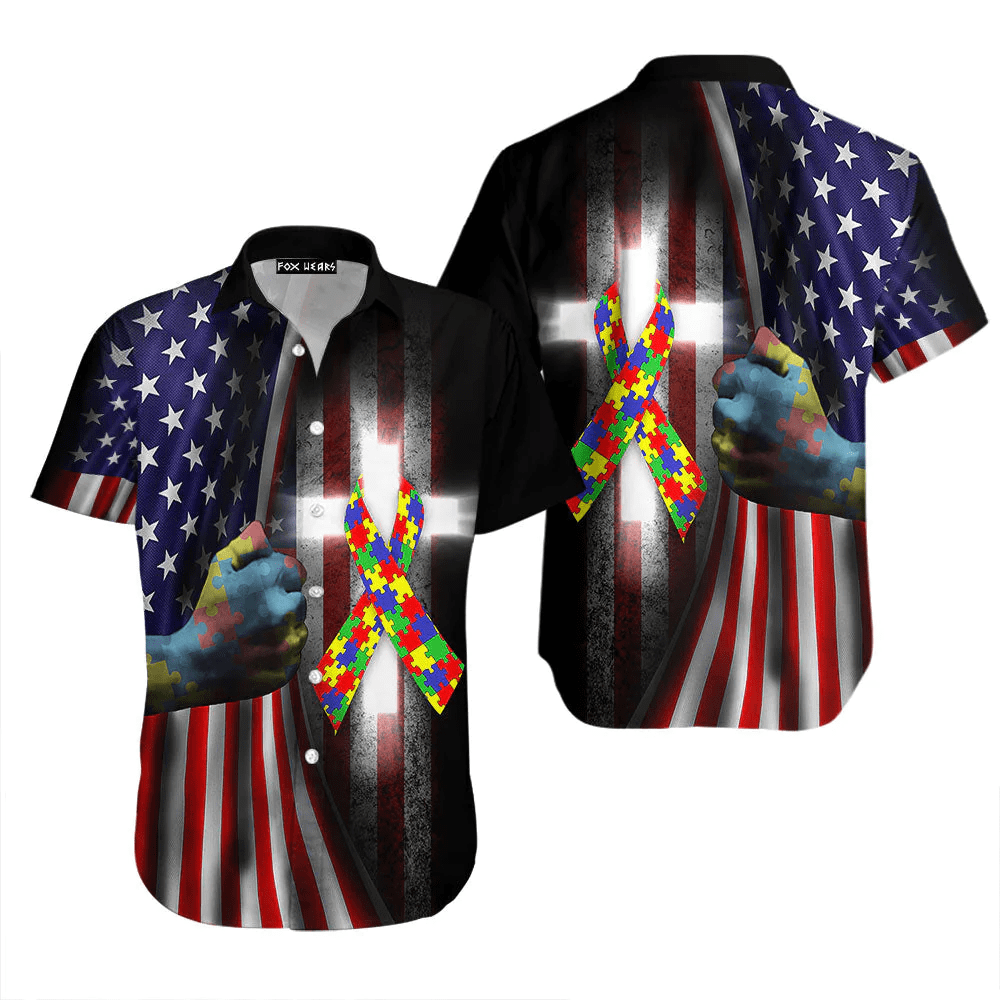 Autism Cross American Flag Trendy Hawaiian Shirt