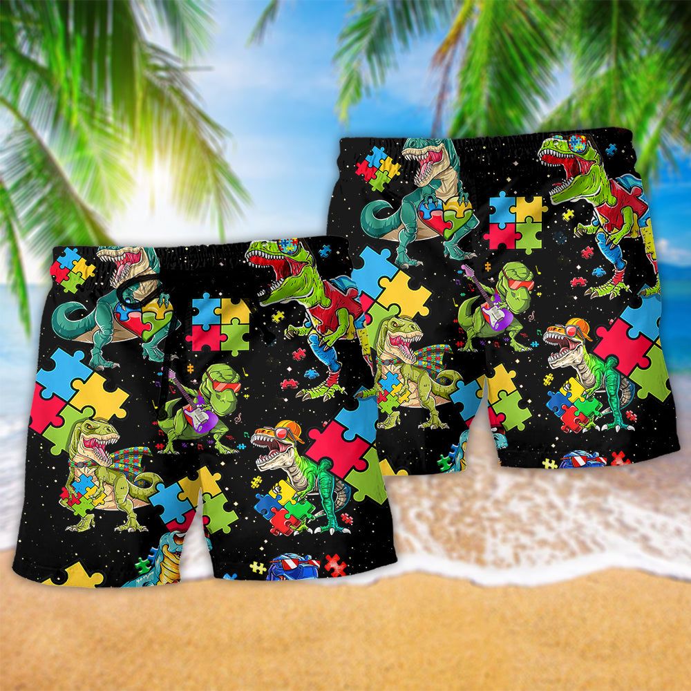Autism Dinosaur Cool Black Trendy Aloha Hawaiian Beach Shorts