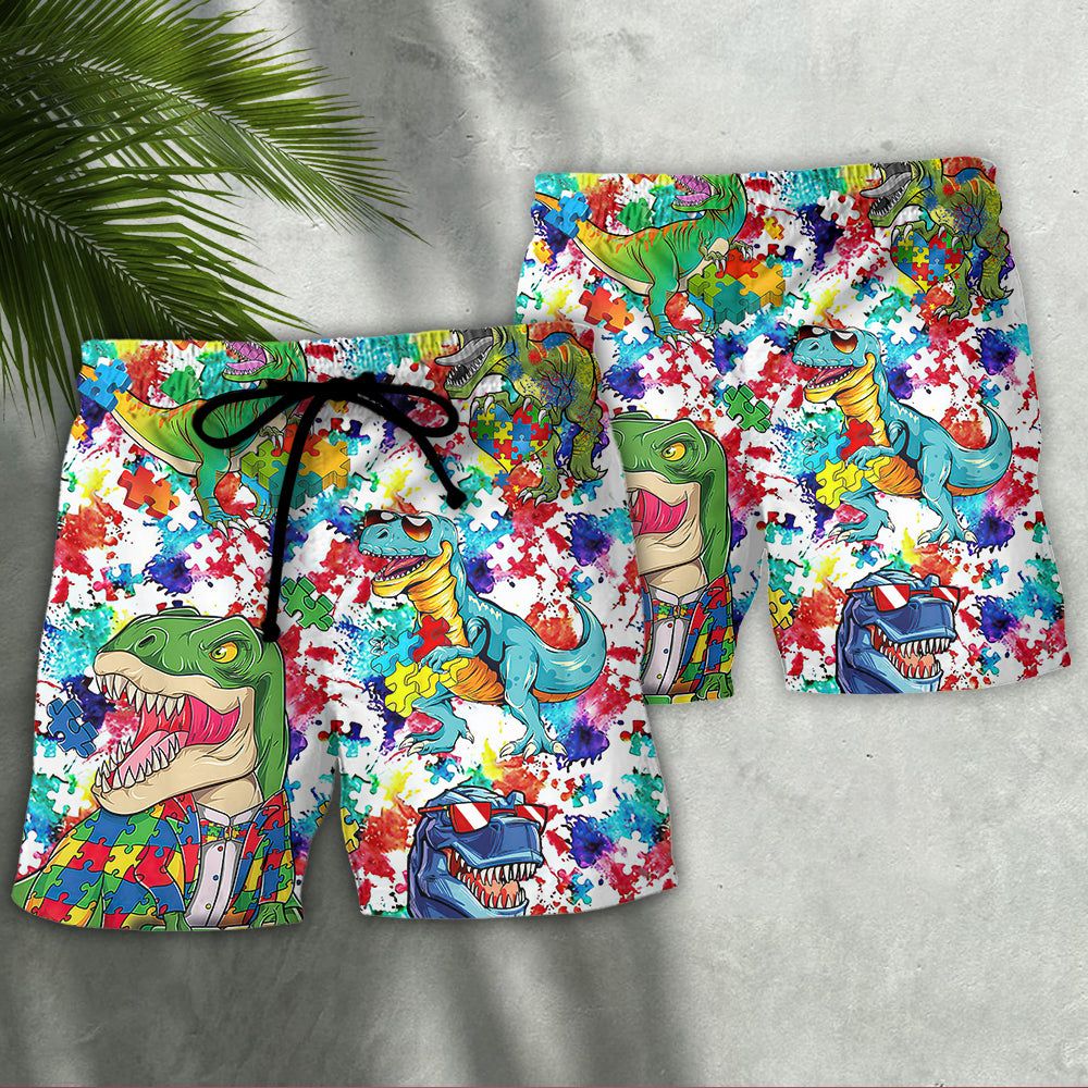 Autism Dinosaur Mix Color Trendy Aloha Hawaiian Beach Shorts