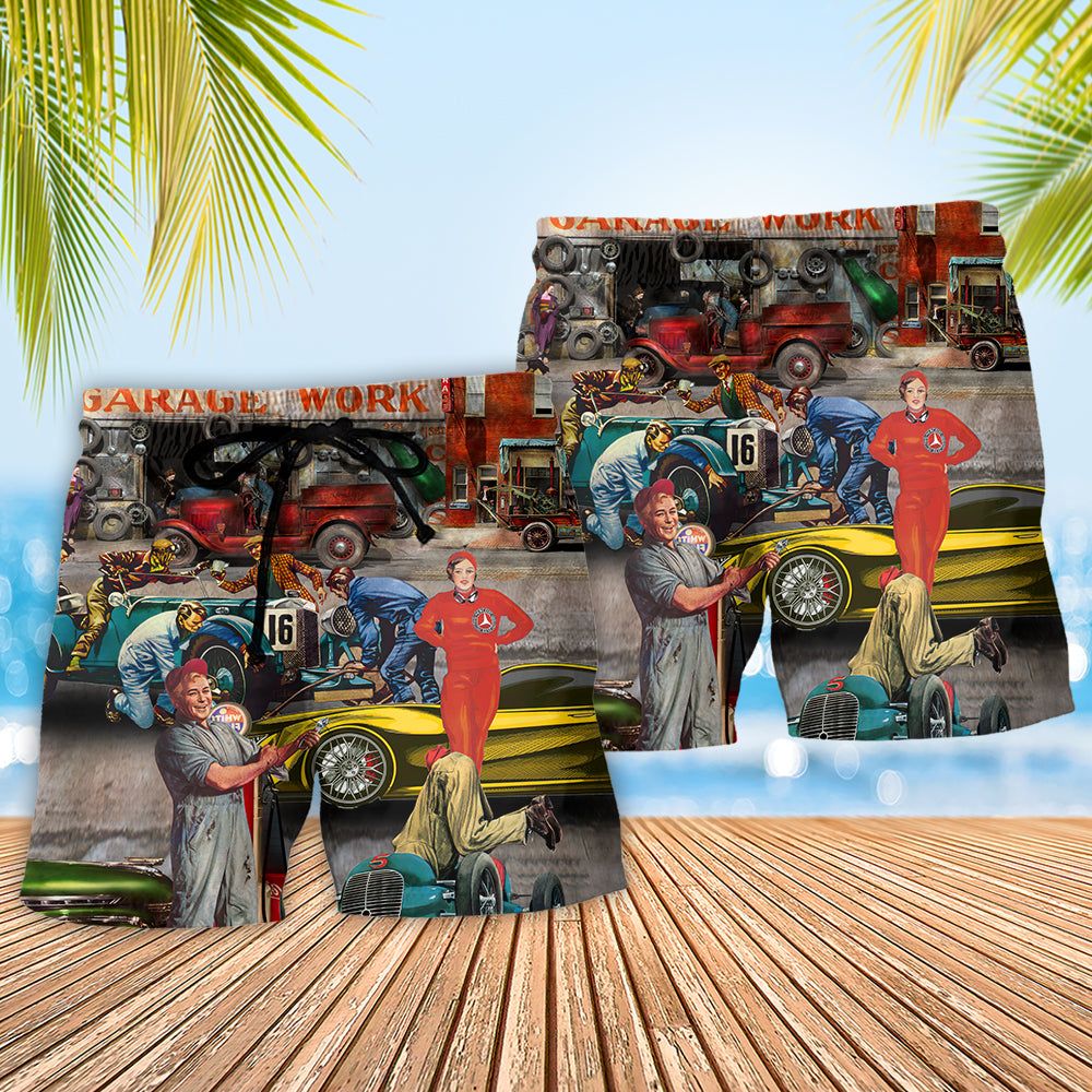 Auto Mechanic Retro Car Trendy Aloha Hawaiian Beach Shorts