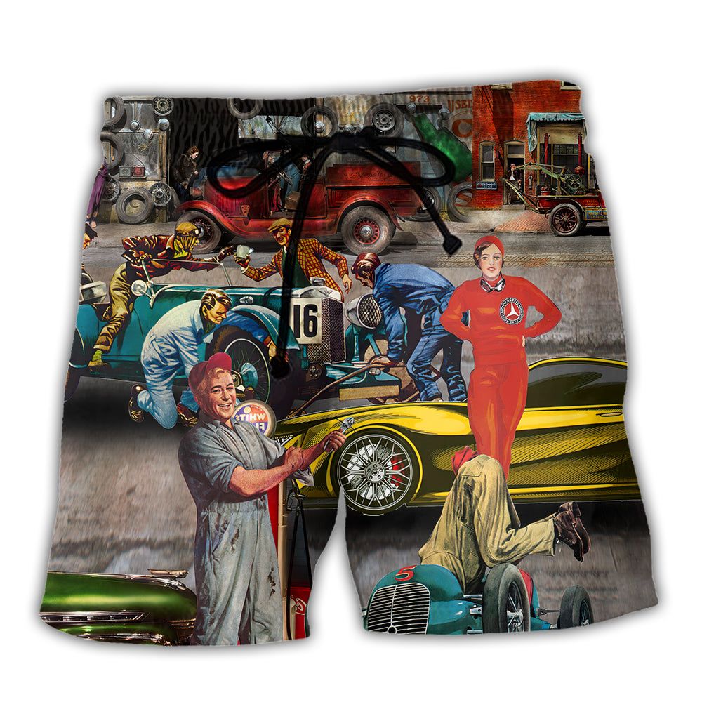 Auto Mechanic Retro Car Trendy Aloha Hawaiian Beach Shorts