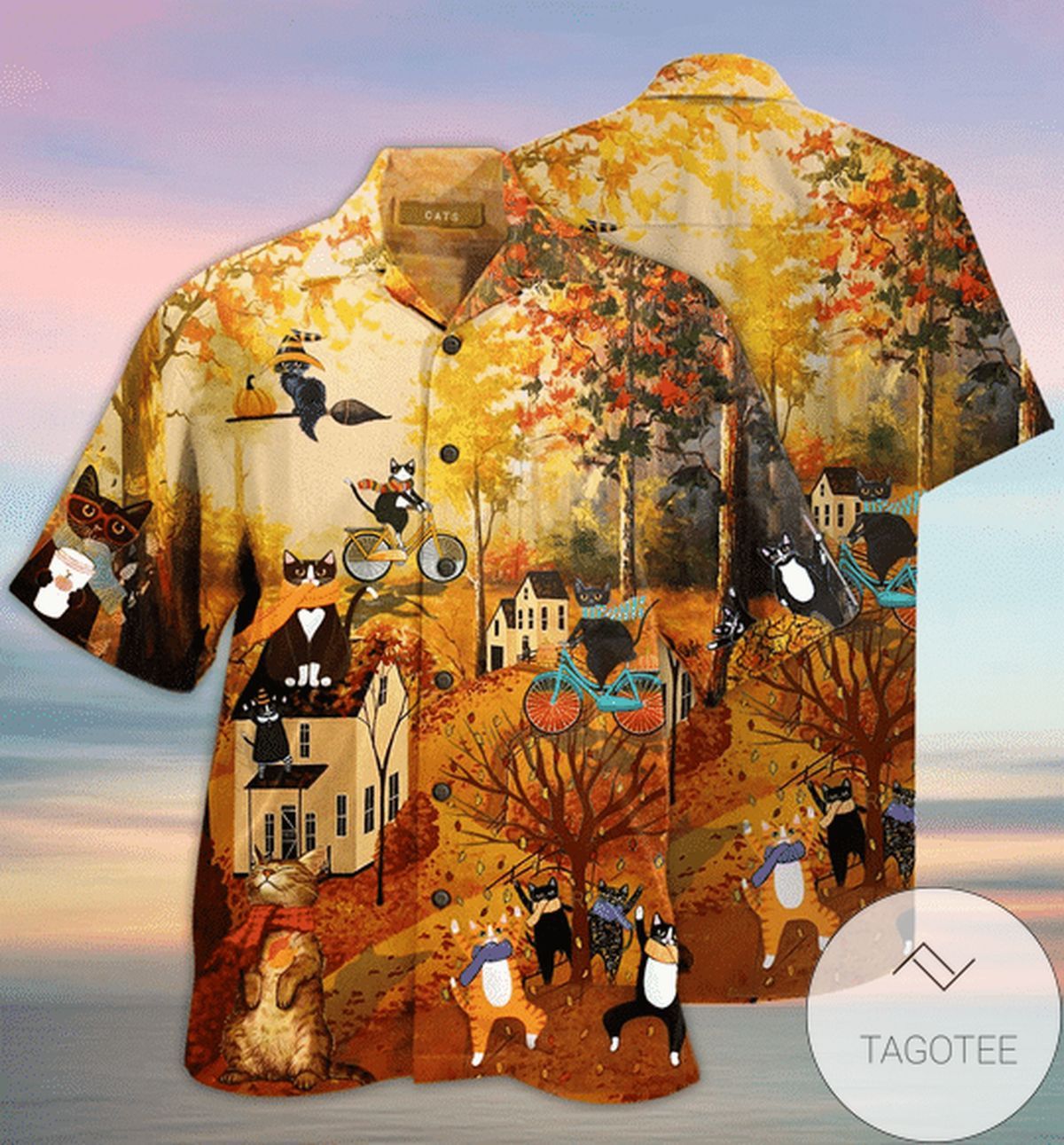 Autumn Fun With A Mischievous Black Cat On A Hawaiian Shirt