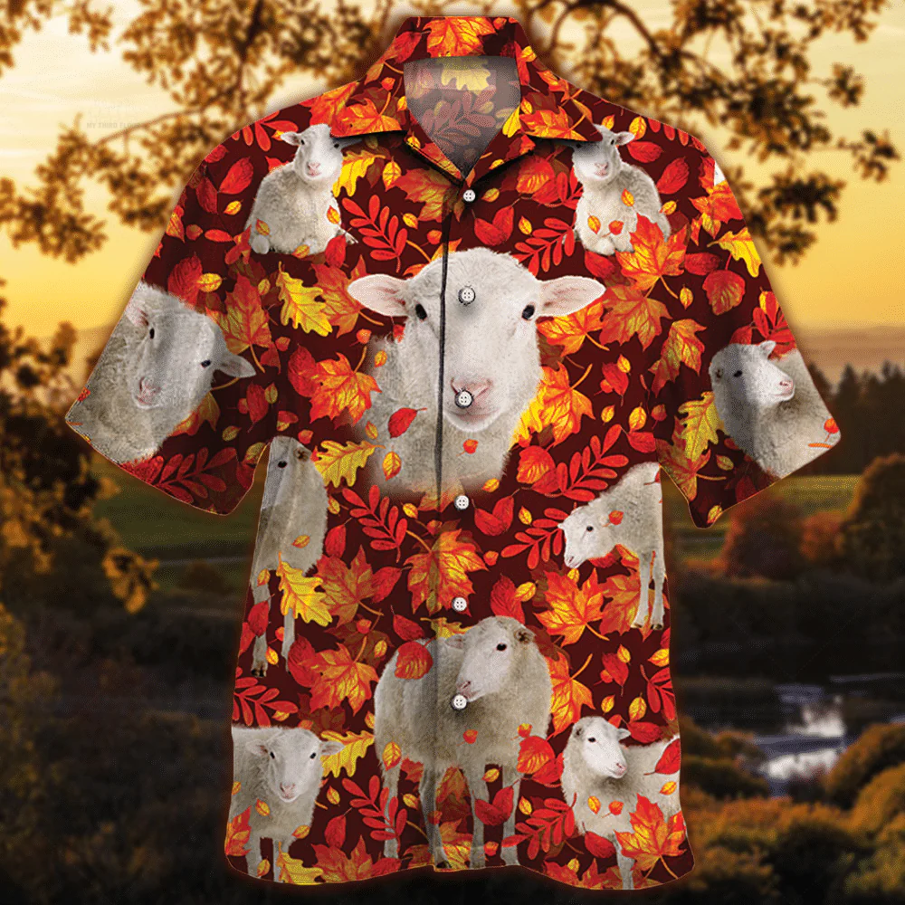 Autumn Hawaiian Shirt with Red Leaves for Sheep Lovers