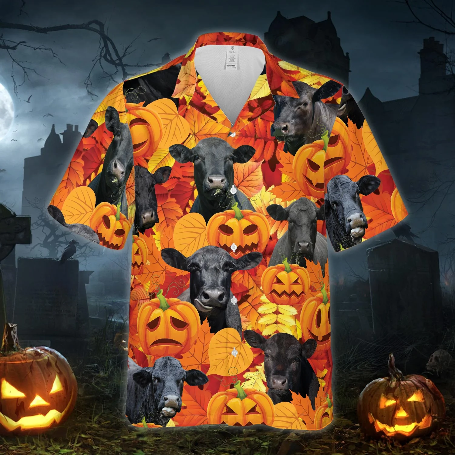 Autumn Leaf Black Angus Cattle Pumpkin All Printed 3D Hawaiian Shirt