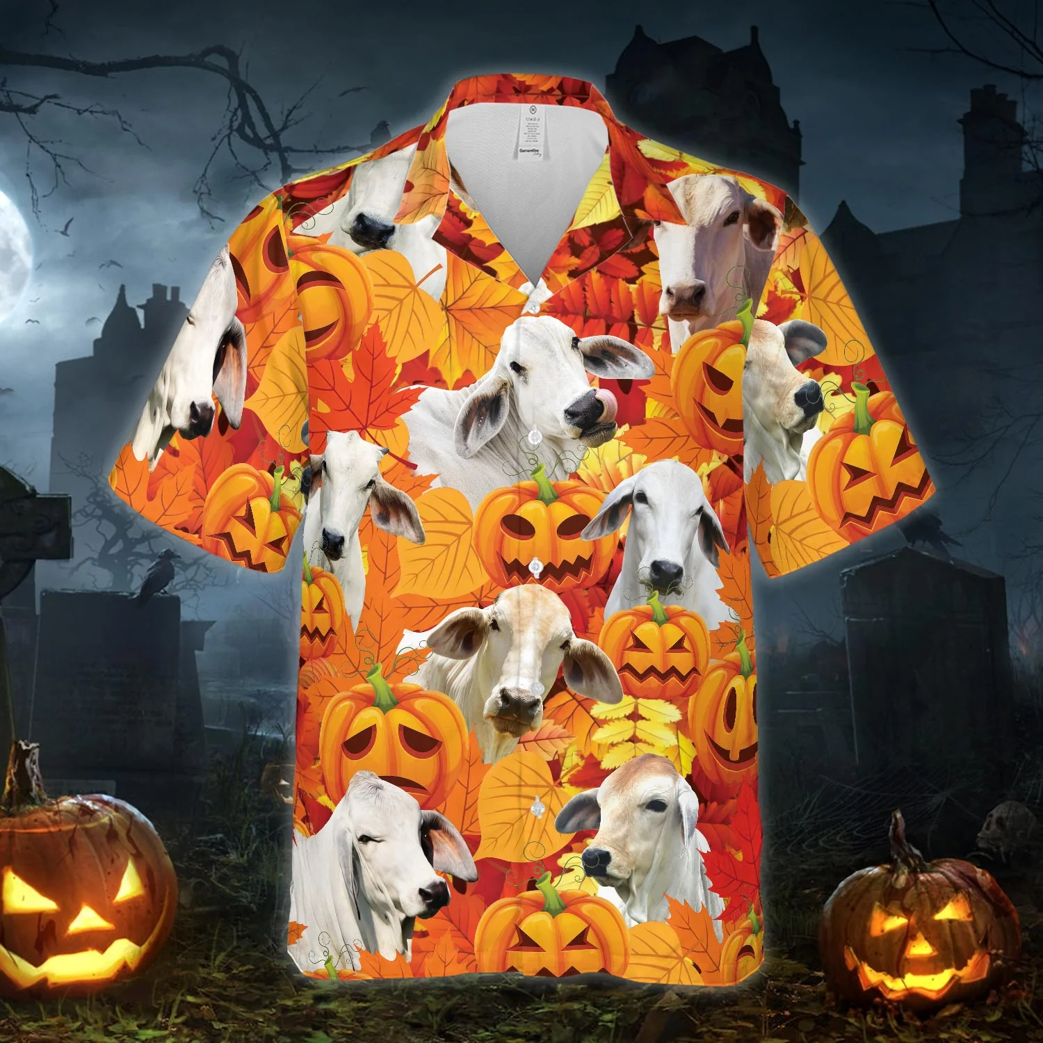 Autumn Leaf Brahman Cattle Pumpkin All Printed 3D Hawaiian Shirt