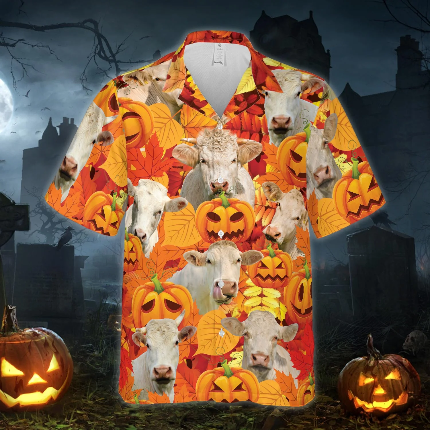 Autumn Leaf Charolais Cattle Pumpkin All Printed 3D Hawaiian Shirt