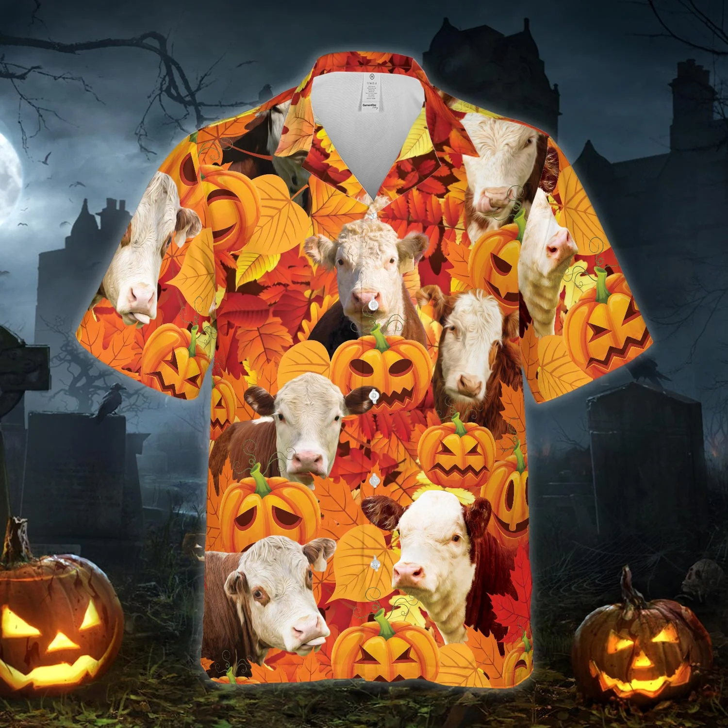 Autumn Leaf Hereford Cattle Pumpkin All Printed 3D Hawaiian Shirt