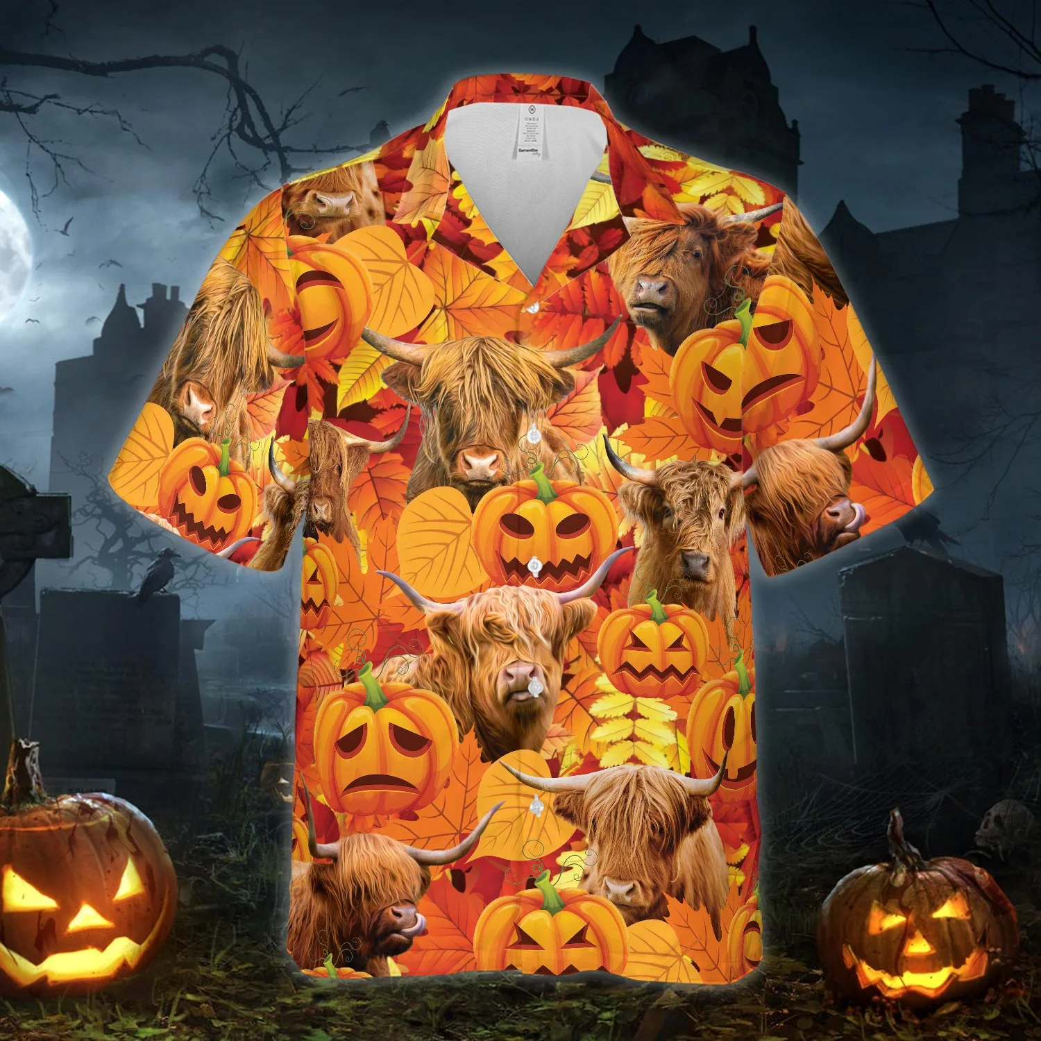 Autumn Leaf Highland Cattle Pumpkin All Printed 3D Hawaiian Shirt
