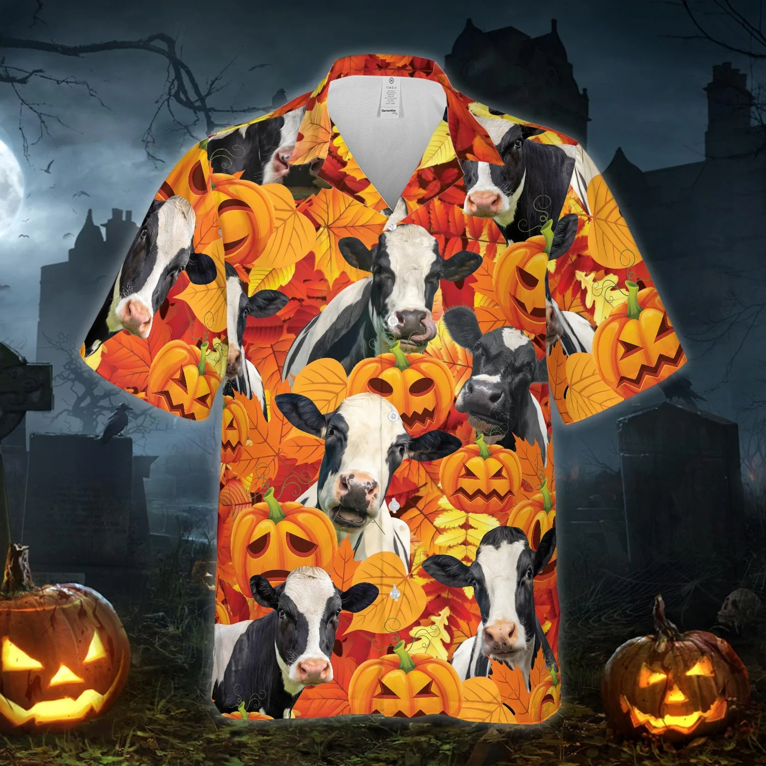 Autumn Leaf Holstein Cattle Pumpkin All Printed 3D Hawaiian Shirt