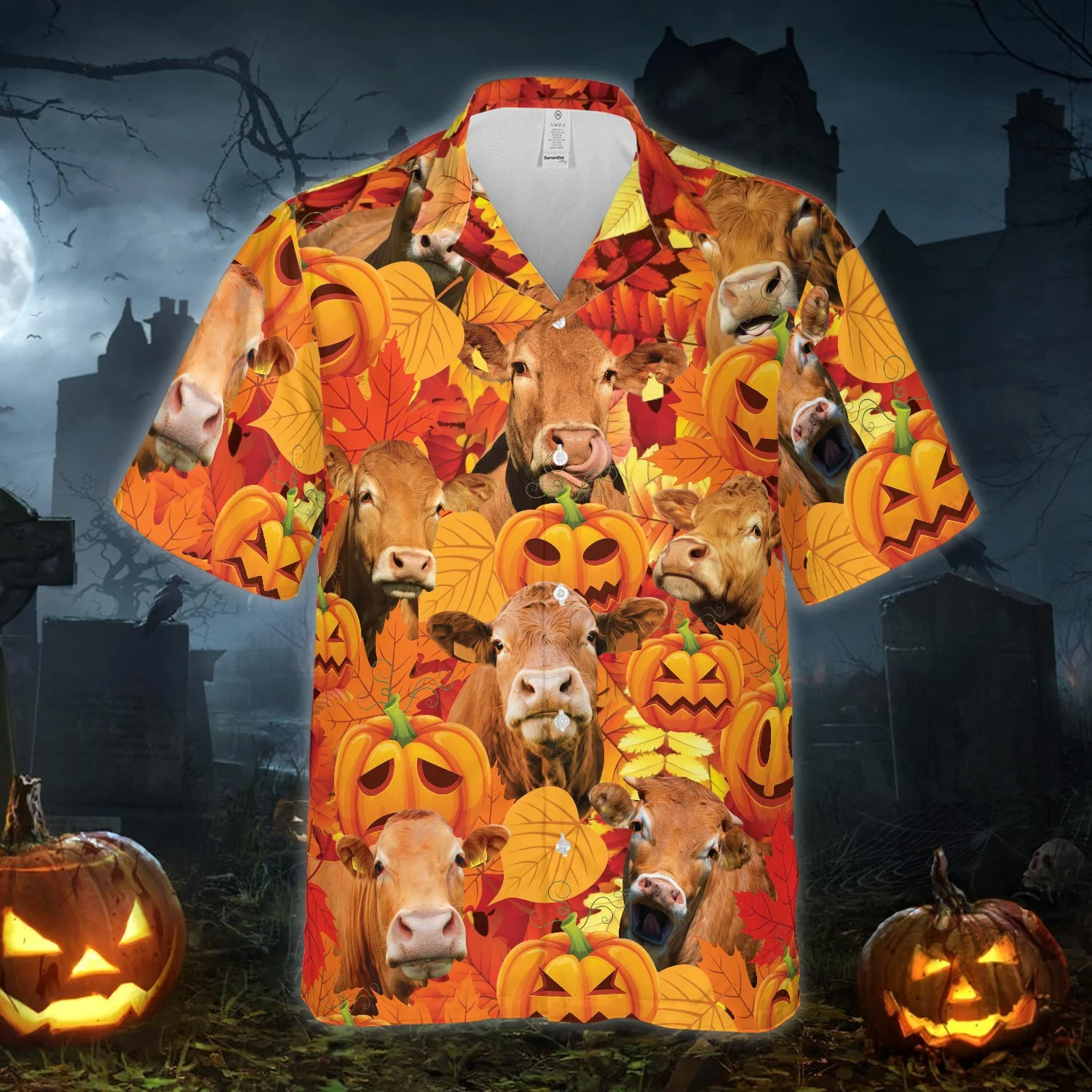 Autumn Leaf Limousin Cattle Pumpkin All Printed 3D Hawaiian Shirt