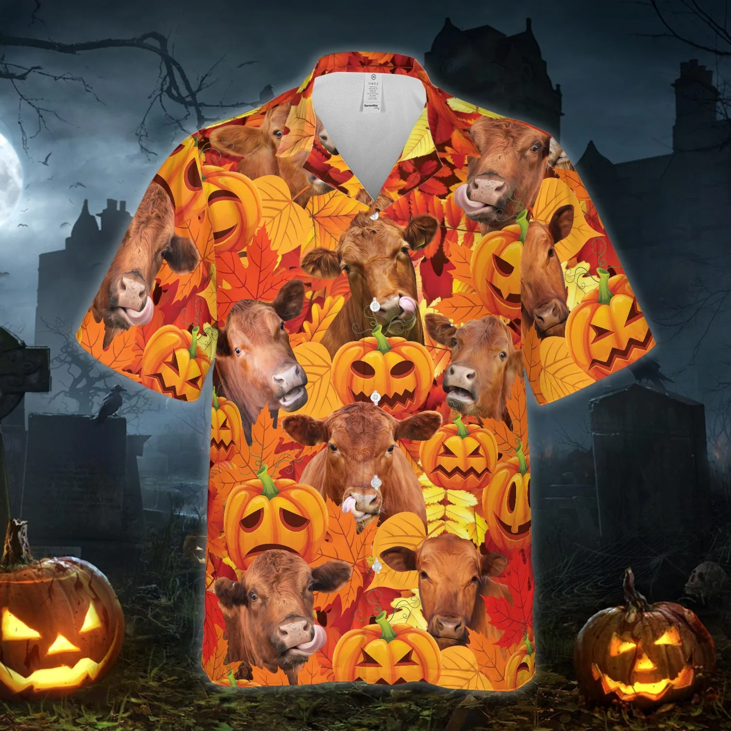 Autumn Leaf Red Angus Cattle Pumpkin All Printed 3D Hawaiian Shirt