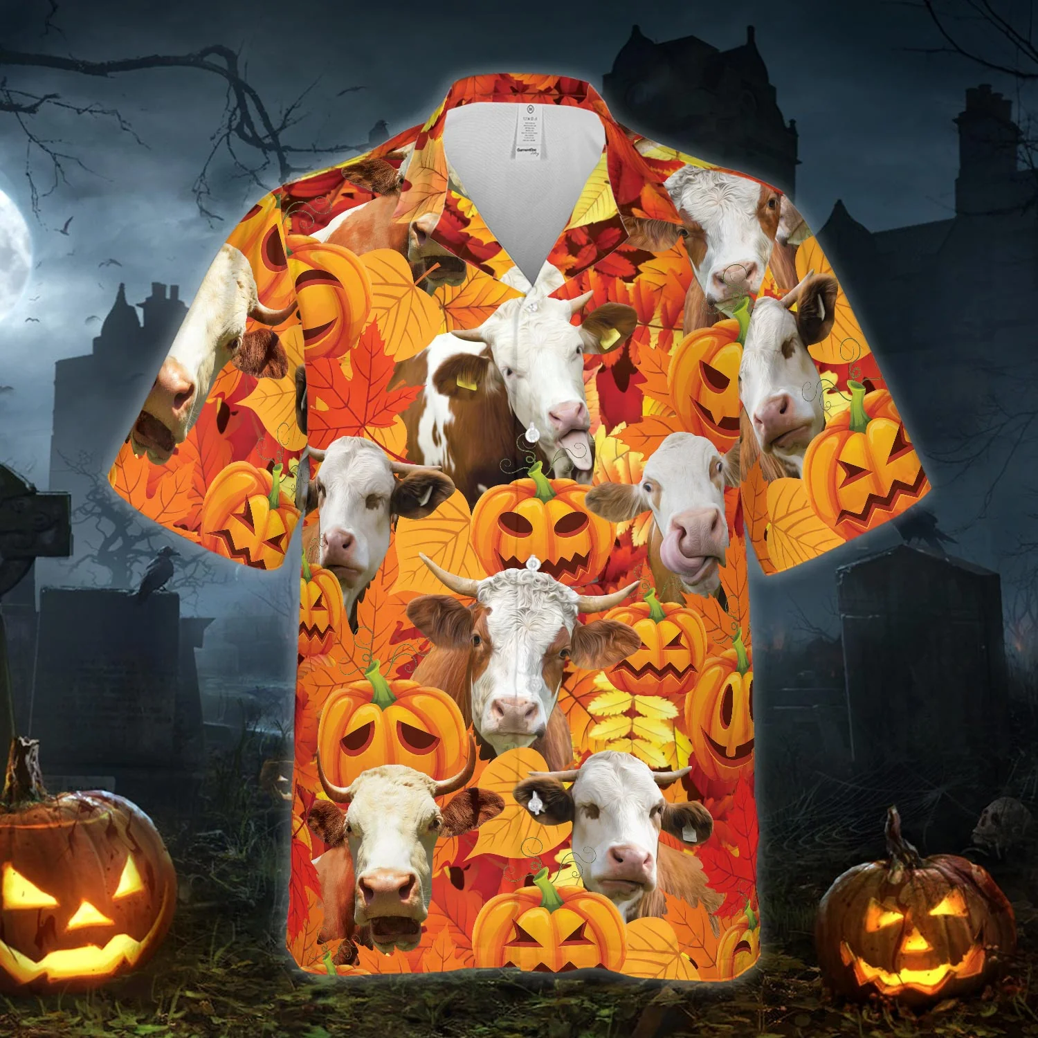 Autumn Leaf Simmental Cattle Pumpkin All Printed 3D Hawaiian Shirt