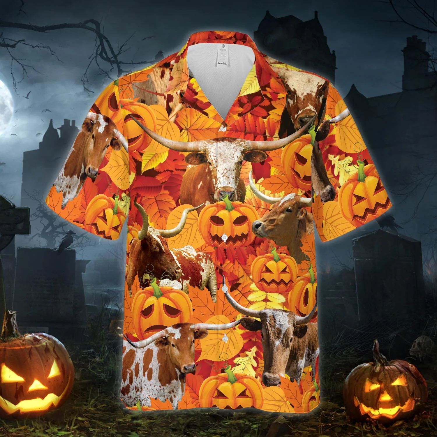 Autumn Leaf Txlonghorn Cattle Pumpkin All Printed 3D Hawaiian Shirt