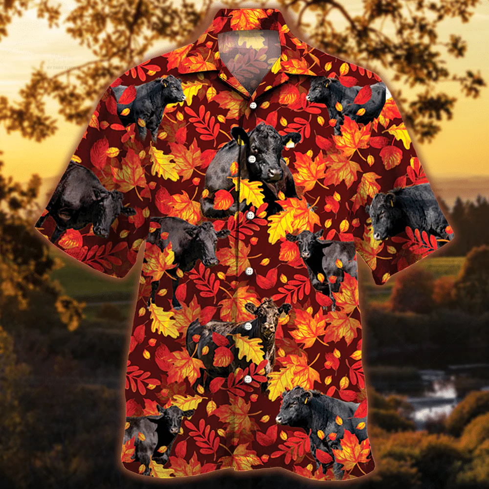Autumn Red Leaves Black Angus Cattle Hawaiian Shirt for Bovine Fans