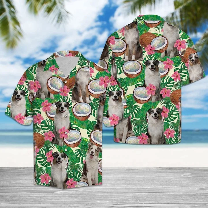Awesome Australian Shepherd Tropical Coconut Pattern Trendy Hawaiian Shirt
