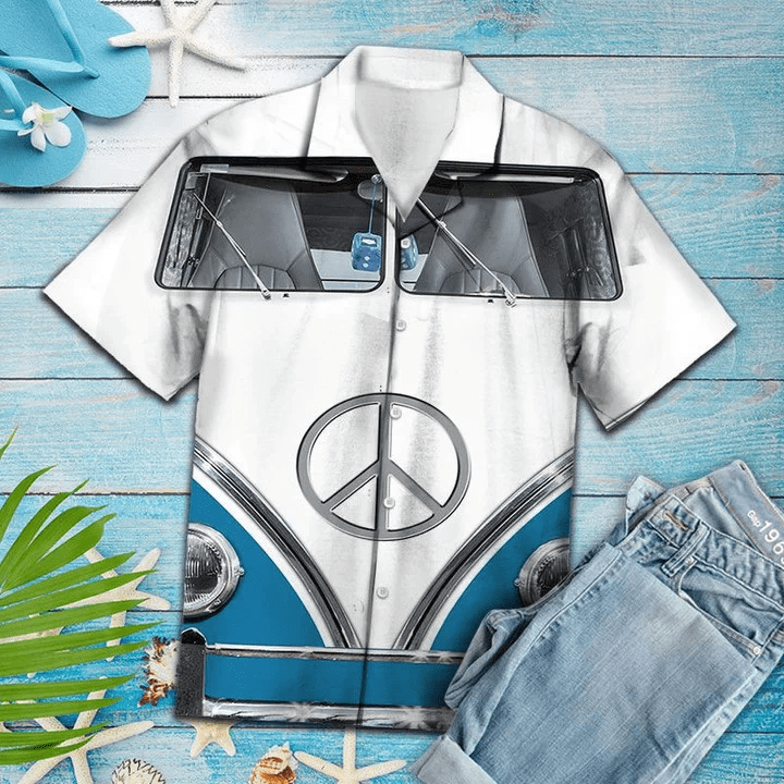 Awesome Blue And White Hippie Bus Pattern Trendy Hawaiian Shirt