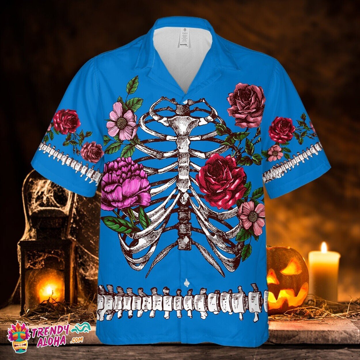 Awesome Blue Skeleton Flowers Halloween Premium Hawaiian Shirt