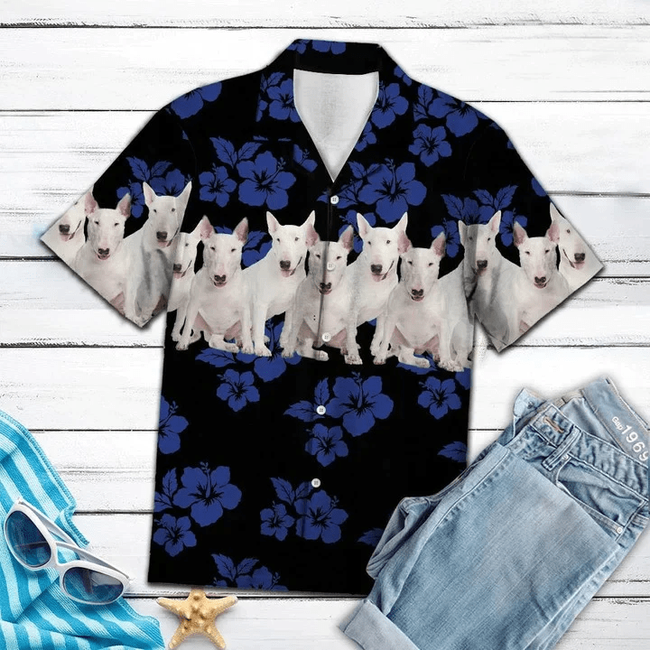 Awesome Bull Terrier Tropical Hibiscus On Black Trendy Hawaiian Shirt