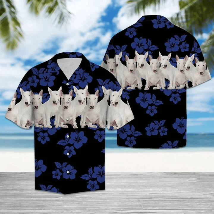 Awesome Bull Terrier Tropical Hibiscus On Black Trendy Hawaiian Shirt
