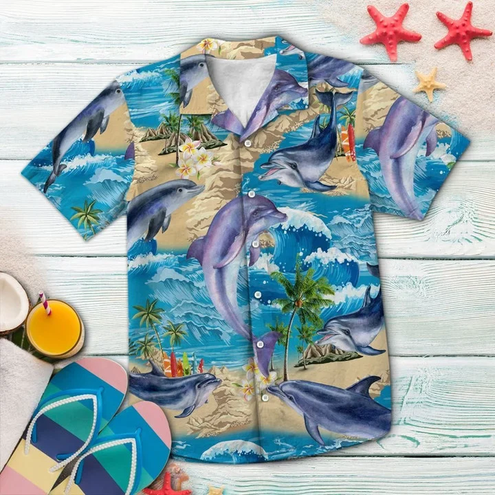 Awesome Dolphin Summer Vacation Ocean Wave Pattern Trendy Hawaiian Shirt