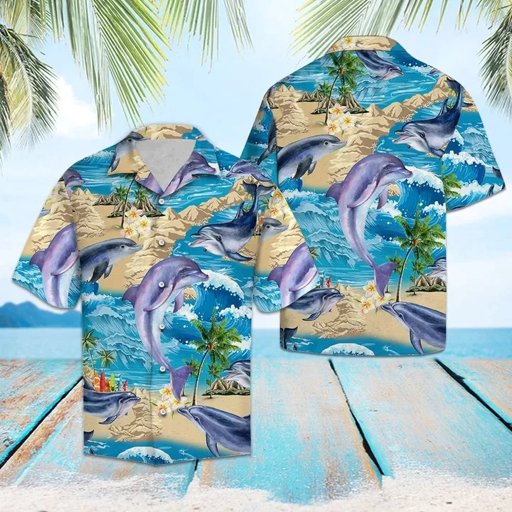 Awesome Dolphin Summer Vacation Ocean Wave Pattern Trendy Hawaiian Shirt