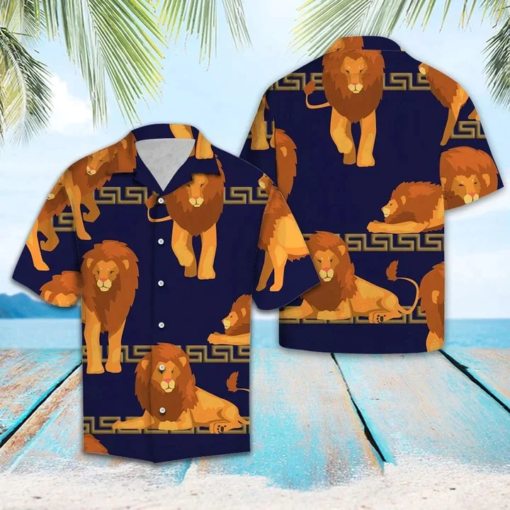 Awesome Lion King Relax Time On Navy Pattern Hawaiian Shirt