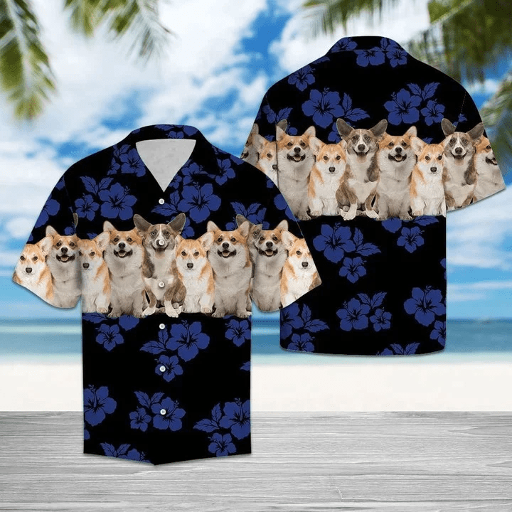 Awesome Pembroke Welsh Corgi Tropical Hibiscus On Black Pattern Trendy Hawaiian Shirt
