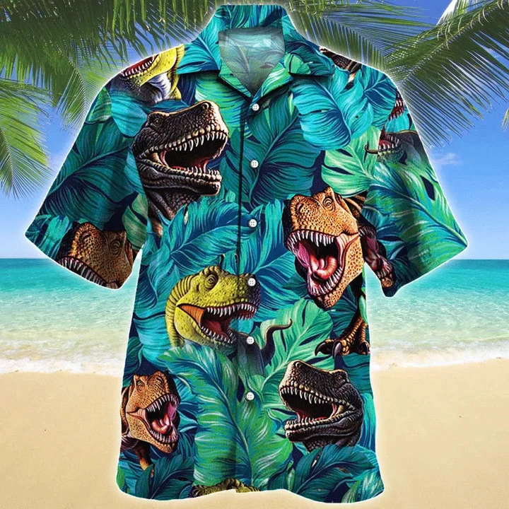 Awesome T-Rex Dinosaur Lovers Gift Summer Beach Palm Tree Pattern Trendy Hawaiian Shirt