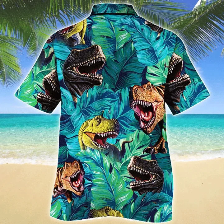 Awesome T-Rex Dinosaur Lovers Gift Summer Beach Palm Tree Pattern Trendy Hawaiian Shirt