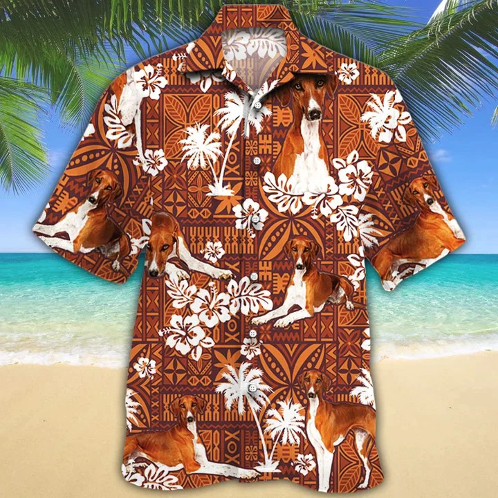 Azawakh Dog With White Palm Trees And Hibiscus In Brown Trendy Hawaiian Shirt Azawakh Dog With White Palm Trees And Hibiscus In Brown Trendy Hawaiian Shirt