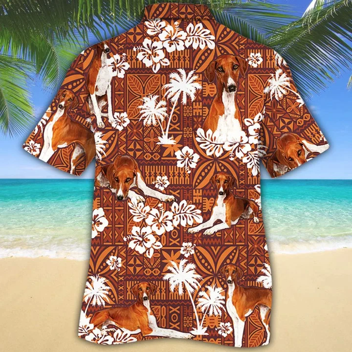 Azawakh Dog With White Palm Trees And Hibiscus In Brown Trendy Hawaiian Shirt
