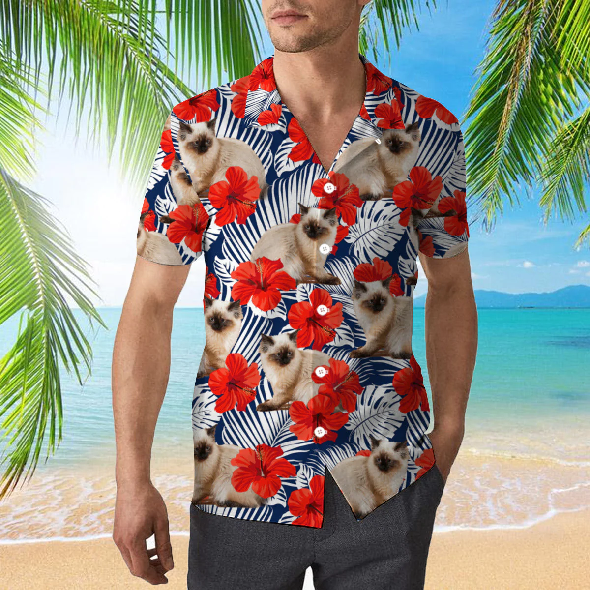 Baby Cat With Red Flower Tropical Trendy Hawaiian Shirt