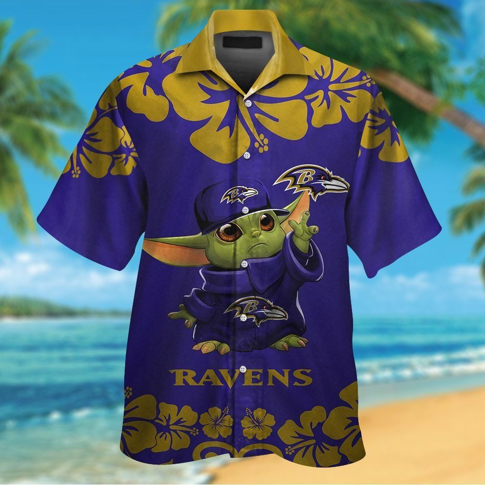 Baby Yoda Baltimore Ravens Hawaiian Short Sleeve Tropical Shirt