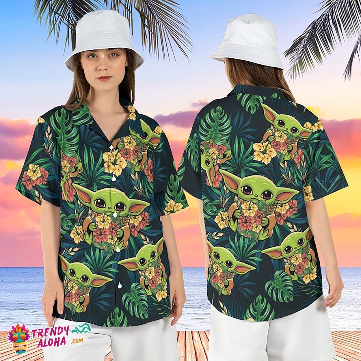 Baby Yoda Star Wars Tropical Hibiscus Short Sleeve Aloha Shirt