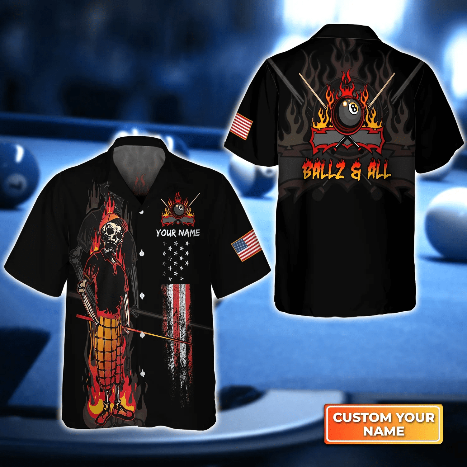 Ballz & All Team Bones 8 Ball American Flag Billiards Personalized Name 3D Trendy Hawaiian Shirt, Gift For Billiard Players
