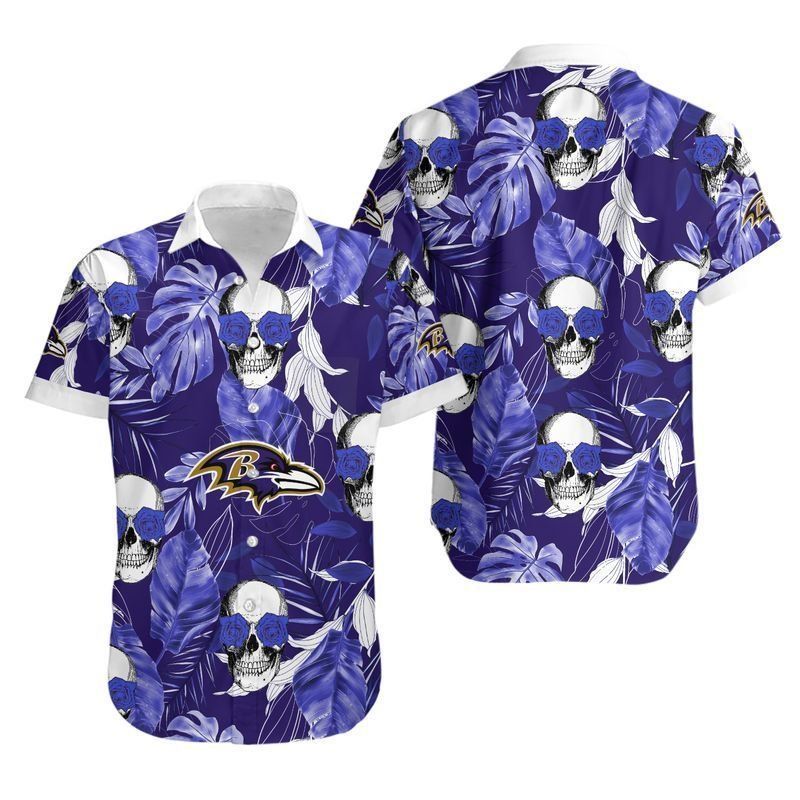 Baltimore Ravens Coconut Leaves And Skulls Hawaii Shirt And Shorts