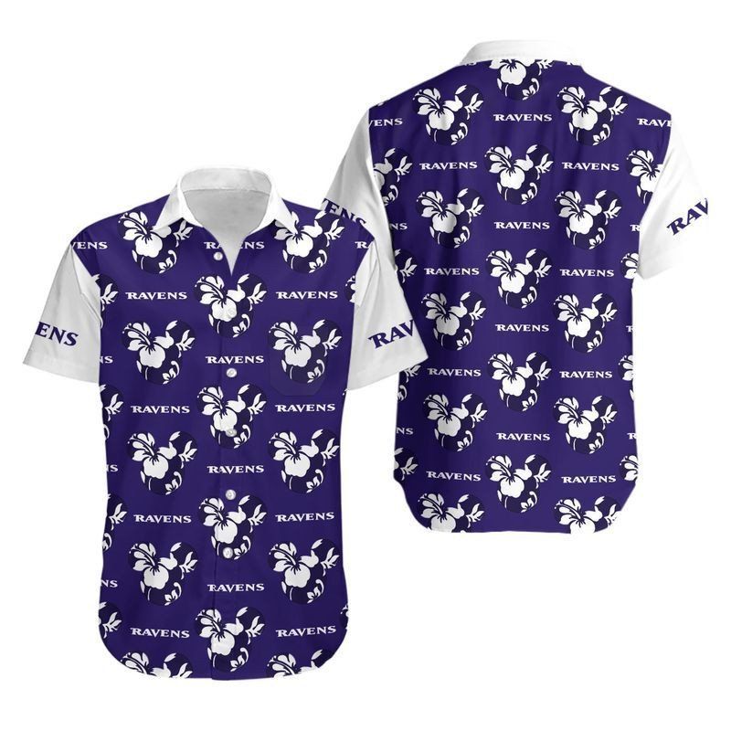 Baltimore Ravens Mickey And Flowers Hawaii Shirt And Shorts Summer Collection Trendy Aloha