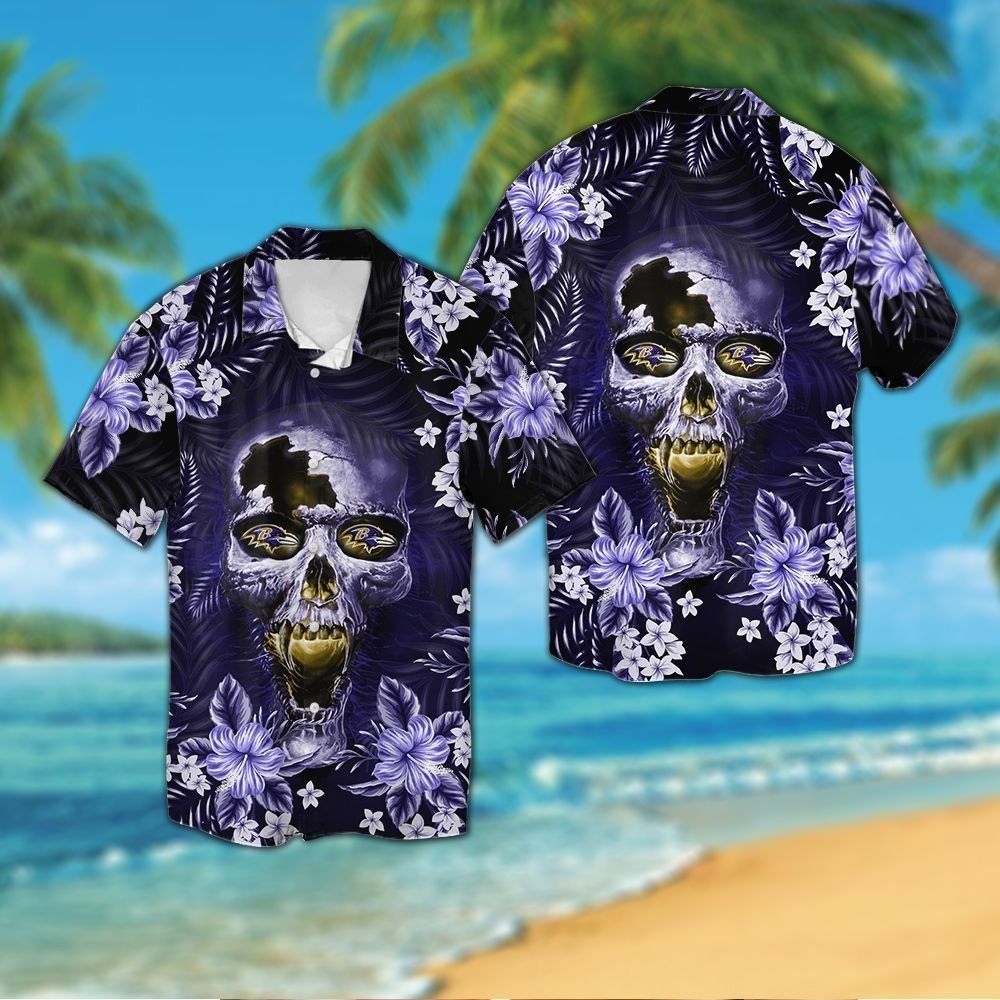 Baltimore Ravensskull Short Sleeve Button Up Tropical Hawaiian Shirt VER02