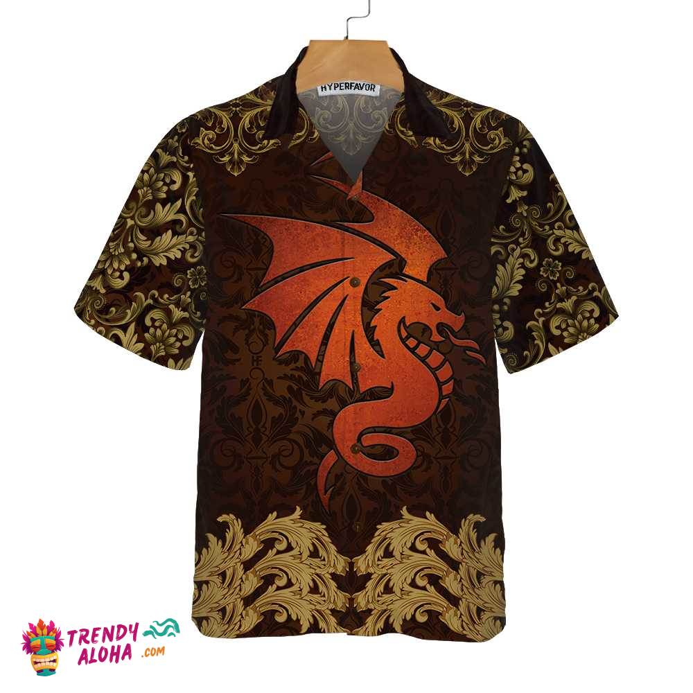 Baroque Dark Brown Dragon Hawaiian Shirt, Vintage Pattern Dragon Shirt